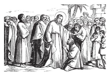 Sular, vintage çizgi çizme veya oyma resimde İsa'nın acı felç ve bölücü kutsal messenger diğer tarafında bir adam tamir sıkıntılar.