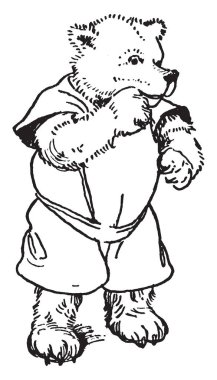 Goldilocks ve üç ayı, bu resim insan elbise, vintage çizgi çizme veya oyma illüstrasyon bir yavru ayı gösterir