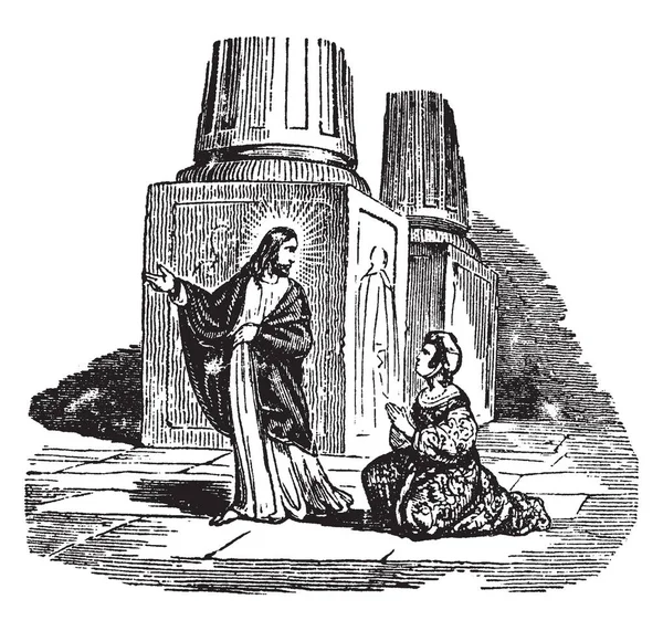 İsa o kadın gönderir ve onu herhangi bir günah şimdi yapmamaya, vintage çizgi çizme veya oyma illüstrasyon diyor.