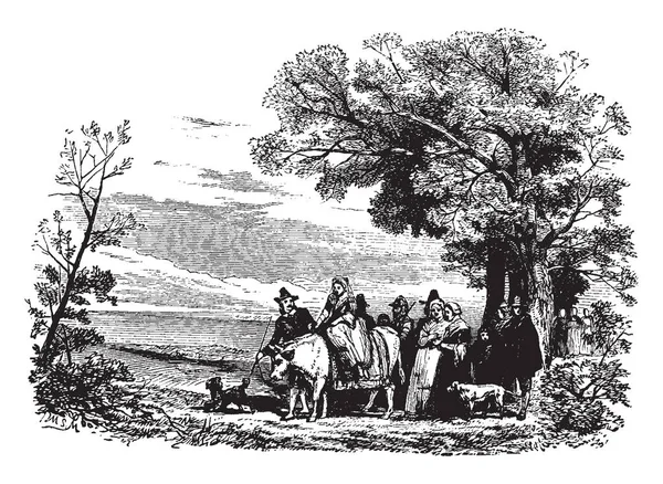 Eine Illustration Des Hochzeitszuges Mit Dem Reiten Auf Einer Kuh — Stockvektor