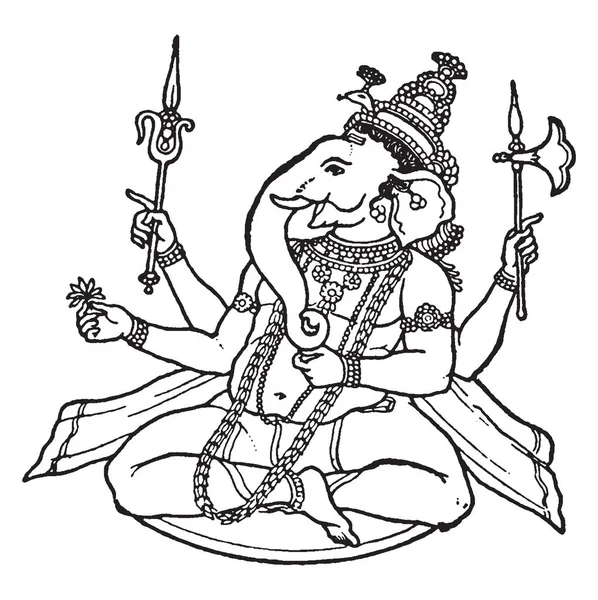 甘妮莎的代表 甘妮莎是印度教万神殿中最著名的神灵之一 老式线条画或雕刻插图 — 图库矢量图片