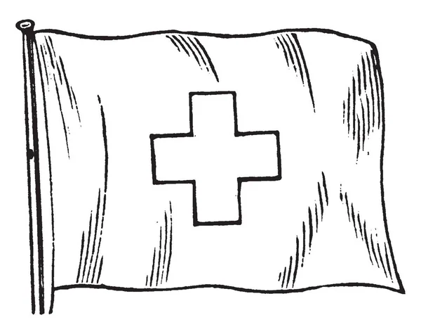 Швейцарский Флаг Центре Флага Белый Крест Винтажный Рисунок Гравировка — стоковый вектор