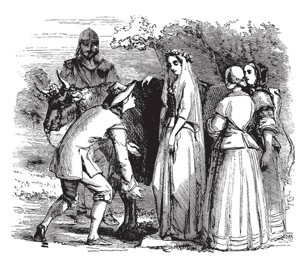 Genç bir kadın, diğer iki kadın ve onları, vintage çizim duran veya illüstrasyon oyma adam yardımcı olmak genç bir adam stoops