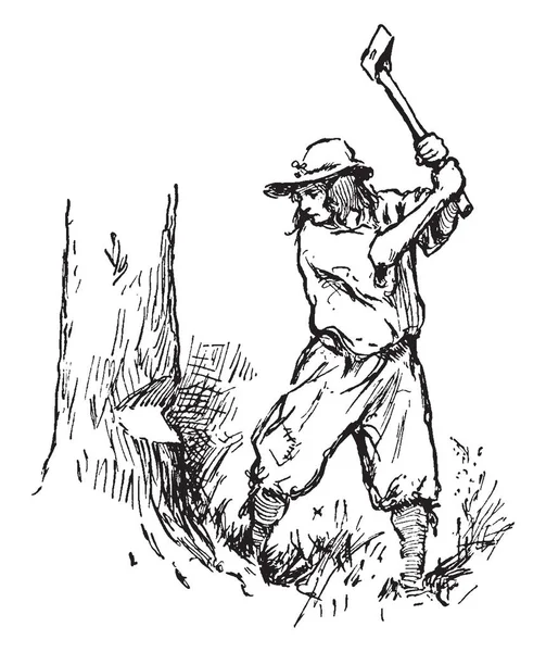 Kafasına balta, vintage çizgi çizme veya oyma illüstrasyon ile ağaç doğrama şapkalı bir adam