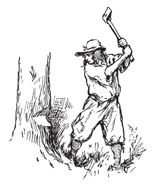 Человек в шляпе, срубивший дерево топором, рисунком винтажной линии или гравировкой
