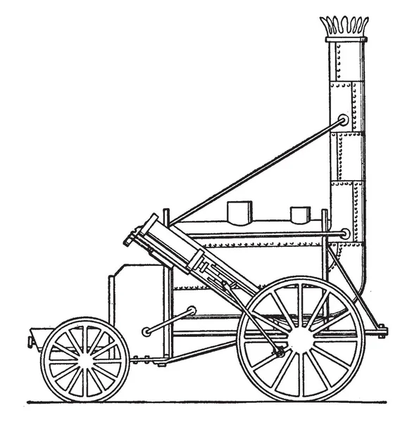 Rocket Early Steam Locomotive Wheel Arrangement Vintage Line Drawing Engraving — Stock Vector