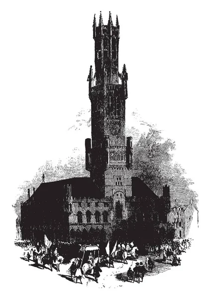 Rathaus Mit Großem Turm Mit Öffentlichem Platz Davor Stein Und — Stockvektor