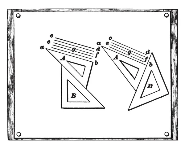 画平行线是一对三角形 交点从原来的点等距 画一条线从那里这两个相遇 复古线画或雕刻插图 — 图库矢量图片