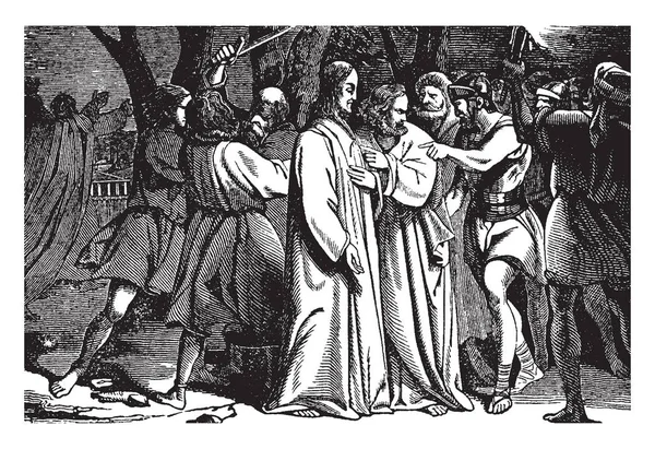 イエスは ロープといくつかの柱に縛られた男性は 十字架につけられた ヴィンテージの線描画や彫刻イラストの前に彼を叩かない — ストックベクタ