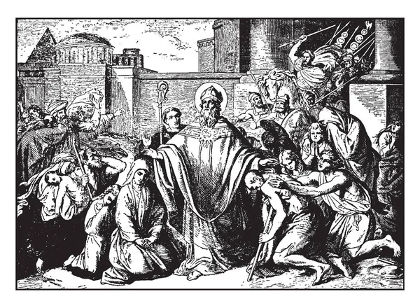 在这张图片中 圣博尼法斯是德国人的使徒 出生于温弗里德或温弗里斯 是一个传教士 在法国帝国传播基督教的过程中 老式的线条绘制或雕刻插图 — 图库矢量图片