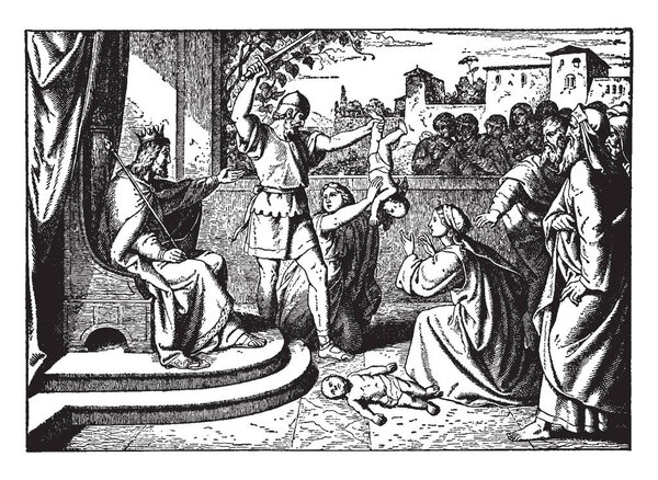 An image of Solomon sitting in judgment. He wears a crown and holds a scepter. A soldier holds a baby by the foot and raises his sword to attack. Several people look at the scene from behind a low wall, vintage line drawing or engraving illustration.