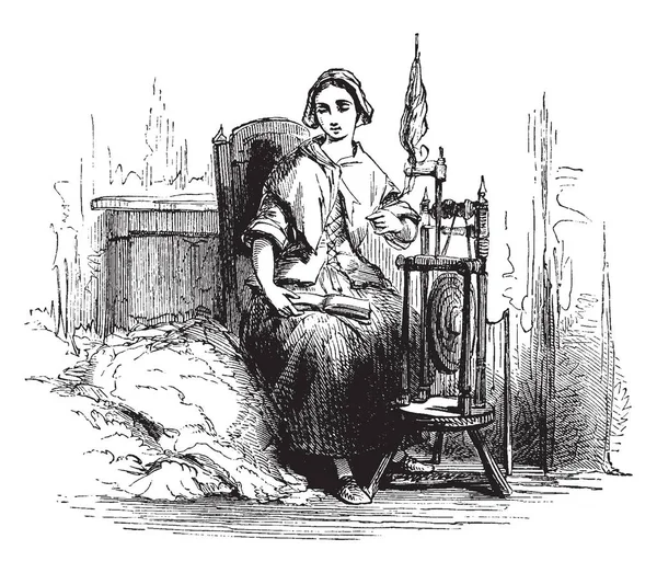 Žena Sedí Židli Čtení Knihy Spřádání Vintage Kreslení Čar Nebo — Stockový vektor