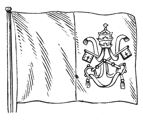 罗马国旗 这个旗子有二个相等的垂直的带 它有冠 二个交叉钥匙由绳索连接在右边垂直的旗子带 复古线图画或雕刻例证 — 图库矢量图片