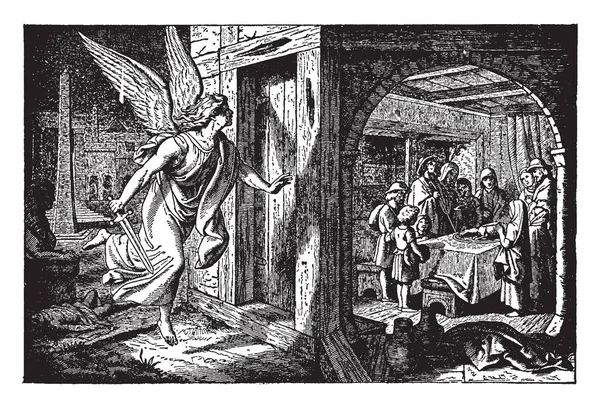 人们在屋子里围着一张桌子走来 一只死羊羔放在桌上 一个死亡天使有一把剑 他的手 通过从那里 复古线画或雕刻插图 — 图库矢量图片