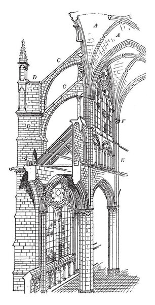 Amiens Cathedral, cross section of Gothic cathedral, Gothic architecture, vintage line drawing or engraving illustration.