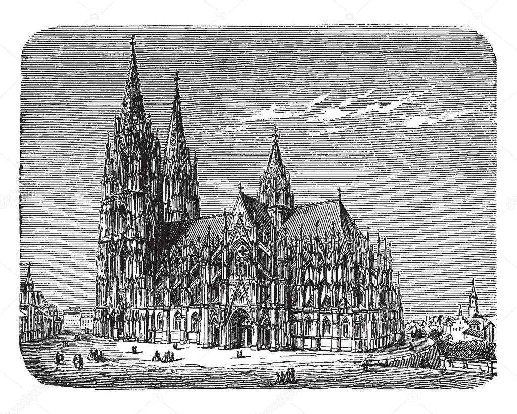A Southern View of the Cathedral of Cologne in Germany,  reliquary of the Three Kings, based largely on the Amiens Cathedral, the cathedral's enormous Germanic spires are visible, vintage line drawing or engraving illustration.