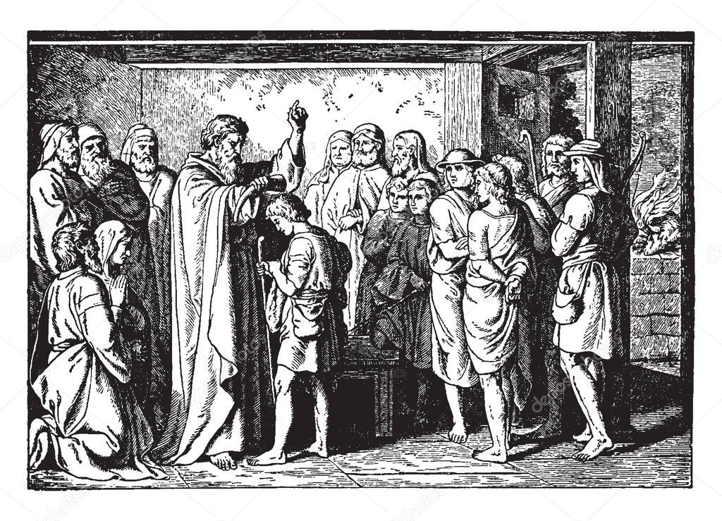 An image of Samuel pouring oil on David's head and anointing him as a King instead of Saul. David can be seen holding a small stuff in his hand, vintage line drawing or engraving illustration.