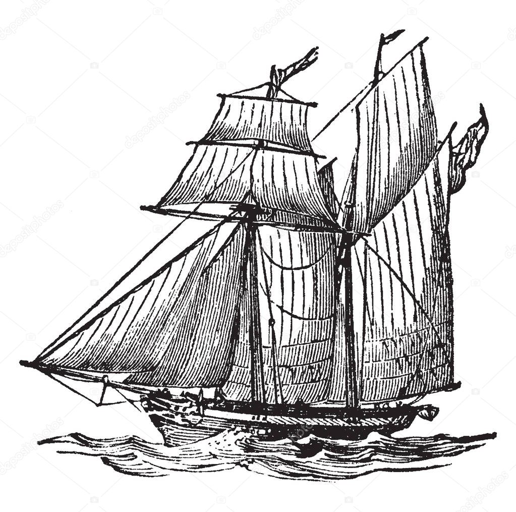 Schooner Ship is a small fast sailing sharp built vessel with two mass and the principals sails of the fore and aft type, vintage line drawing or engraving illustration.
