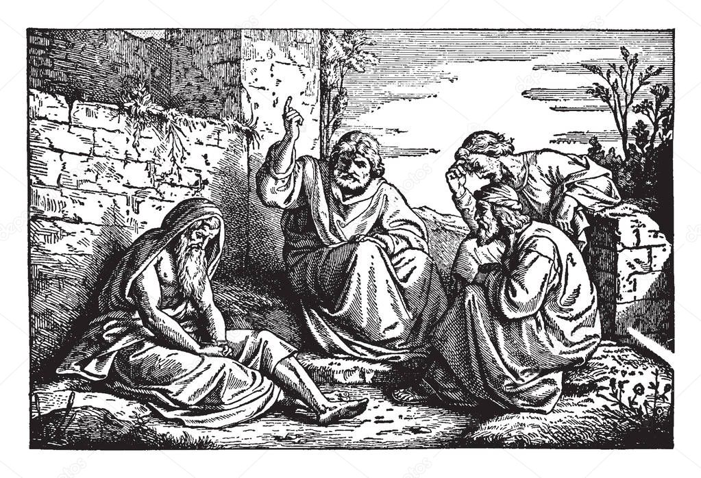 An ancient picture of Job sitting on the ground, against a wall, head covered and bowed. He is Patient as his friends bemoan him, vintage line drawing or engraving illustration.