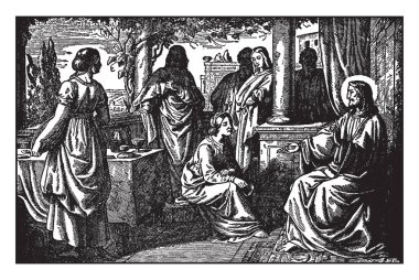 İsa'nın tasviri olarak bir tekne içinde ayakta, öğrencileri yakaladı çok sayıda balıklar, her biri iki müritleri; iki tekne tekneler ve tuzaklar ile yükseliyor. Birçok kişi-ebilmek var olmak seen--dan yan arka plan, vintage çizgi çizme veya oyma illüstrasyon.