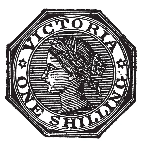 Victoria One Shilling Stamp 1864 1865 Desenho Linha Vintage Gravura — Vetor de Stock