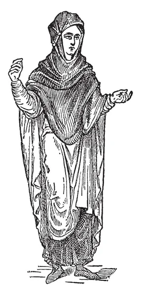 Angelsaksische Vrouwelijke Kostuum Uit 10E Eeuw Engeland Vintage Lijntekening Gravure — Stockvector