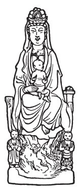 Kuan Yin merhamet tanrıçası. En saygın ve sevgili Dünya, vintage çizgi çizme veya oyma illüstrasyon boyunca tüm tanrıçaları kız.