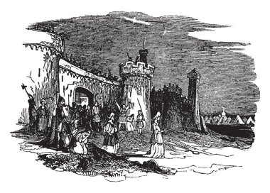 Kim kendini güzelleştirir ve vintage çizgi çizme veya oyma illüstrasyon kime o beheads, Holofernes, karşılamak için yolda şehir kapısından geçer Judith eski bir resmini.