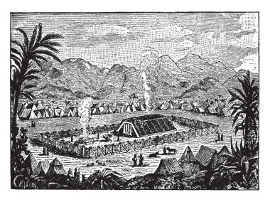 Tapınağın palmiye ağaçları ile çevrili ve bazı insanlar ve hayvanlar bu resim, çizim için vintage veya oyma resimde görülebilir.