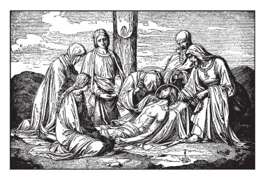 İsa'nın çapraz alınır ve Mary, Joseph ve Nicodemus, vintage çizgi çizme veya oyma illüstrasyon katıldı.
