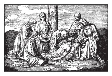 Jesus is taken down from the cross and is attended by Mary, Joseph and Nicodemus, vintage line drawing or engraving illustration. clipart