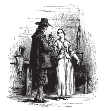 Kadın, klasik çizgi çizme veya oyma illüstrasyon buket çiçek vererek bir adam