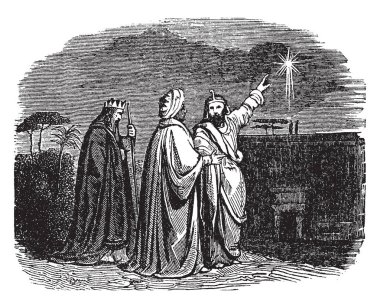 Çobanlar görmek ve İsa, vintage çizgi çizme veya oyma illüstrasyon ibadet Mary'nin evinde geldi.