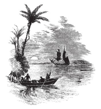 Nerede insanlar ana gemi boyunca okyanusta bir günbatımı, vintage sırasında standları iken bir adada açılış bir tekne içinde çizgi çizim veya oyma illüstrasyon bir adada açılış.