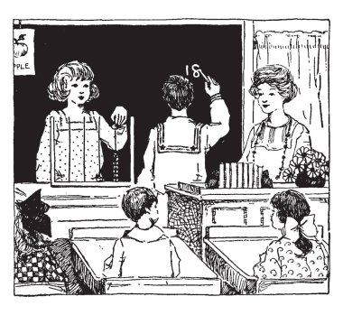 Math sınıfı ve kara tahta veya sayma, erken abacus, matematik problemleri, öğretmeni, vintage çizgi çizme yazma veya illüstrasyon oyma. 