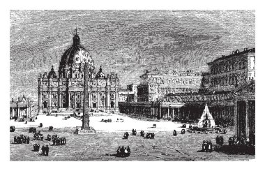 St. Peter's Basilica, bir geç Rönesans Kilisesi, Roma, Vatikan'da Bazilikası St Peter, bir havarilerin İsa Mesih'in, gelenek, vintage çizgi çizme veya oyma illüstrasyon göre adına uygun mezar sitedir.