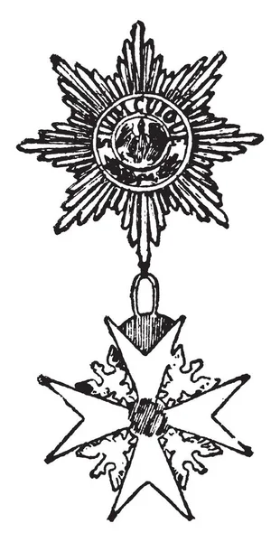 黑鹰是欧洲的军事装饰 这一装饰有两枚奖牌相互连接 有一枚戒指 上奖牌有黑鹰在中心和下奖牌有老鹰在每个空白 复古线绘画或雕刻例证 — 图库矢量图片