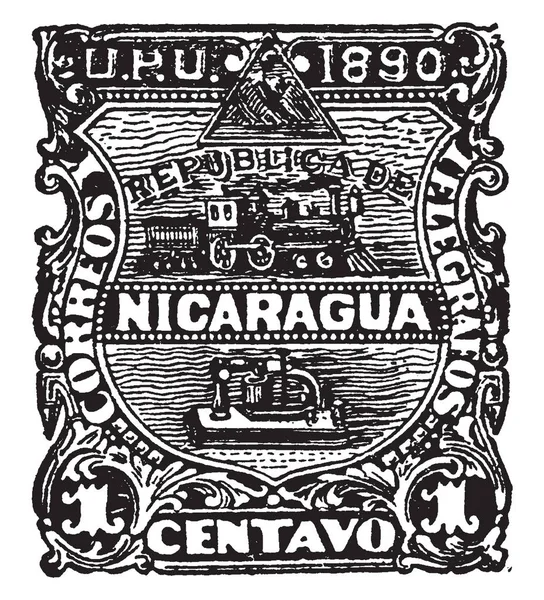 这张照片代表尼加拉瓜 Centavo 邮票在 1890年 复古线画或雕刻插图 — 图库矢量图片