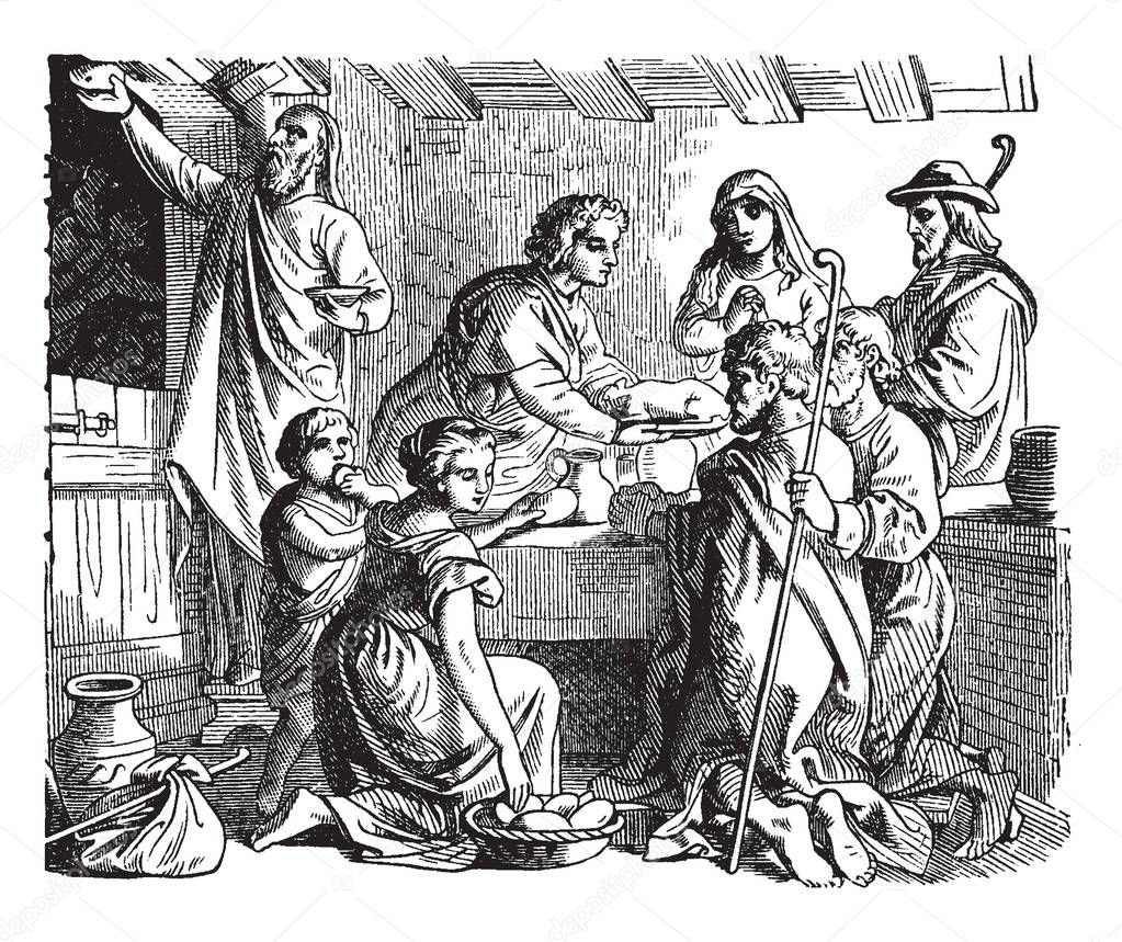 Hebrew family came together for celebrating the first Passover. They gathered together around table. They had food on table, vintage line drawing or engraving illustration.