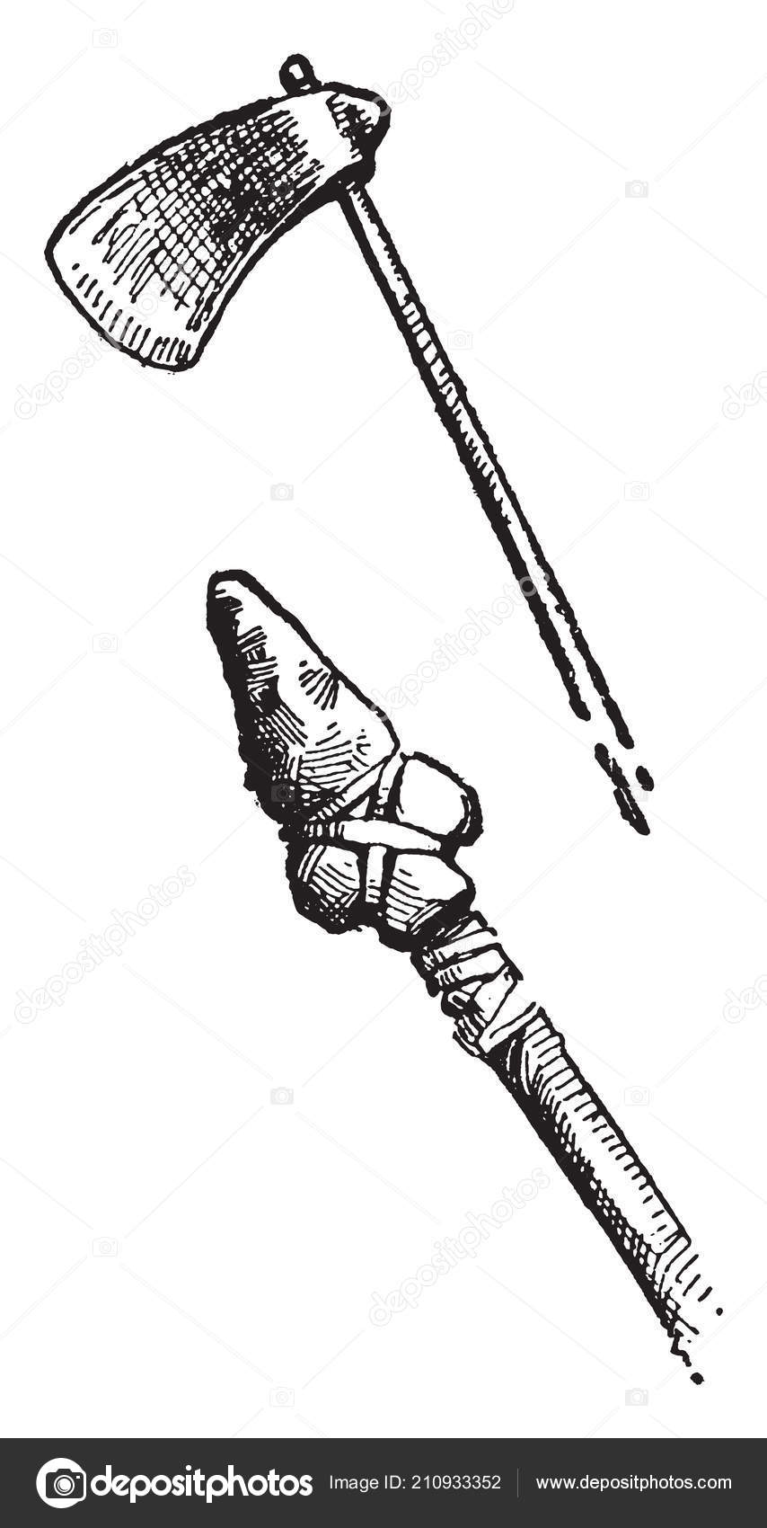 この写真では つの武器 トマホーク ネイティブ アメリカン ビンテージの線描画による狩猟やイラストを彫刻に使用される矢印 ストックベクター C Morphart