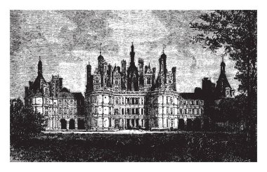 Chambord, Komün Chambord, Loire Valley, Fransa, Kalesi Chateau ünlü, Fransız Rönesans mimarisi, Ortaçağ Fransız klasik İtalyan stilleri, vintage çizgi çizme veya oyma illüstrasyon ile karışımları.