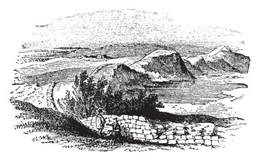 İngiltere'de, büyük, iki adam, bir oturma ve ayakta, tarihi yapılar/Mimariler, vintage çizgi çizme veya illüstrasyon oyma bir küçük bir bölümünü bir bölümü, Hadrian'ın duvar.