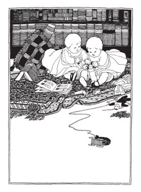 Oyuncak bebek üzerinde vintage çizim için mücadele veya illüstrasyon oyma ikiz bebekler.