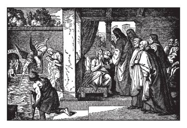 Bir kişi sözde kötü bir ruh tarafından ele geçirilmiş ve İsa o kişiyle konuşuyor. Bazı insanlar bu sahne, vintage çizgi çizme veya oyma illüstrasyon izliyor.