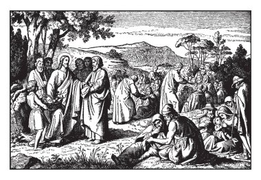 İyi kalpli bir Samaritan biri tarafından bir yol, vintage çizgi çizme veya oyma illüstrasyon saldırıya uğrayan bir kişi yardımcı olur..