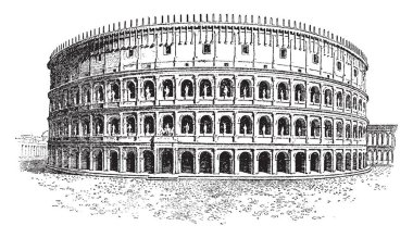 Colosseum, only a short time as the hypogeum,   quarters for a religious order, the vast Flavian amphitheater,  vintage line drawing or engraving illustration. clipart