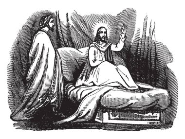 Uygun olmayan şekilde giyinmiş konuk düğün bayram dan dışarı oğlu için döküm bir kral Illustration. Diğer konuklar arka planda otur. Kral asası, vintage çizgi çizme veya oyma illüstrasyon tutar.