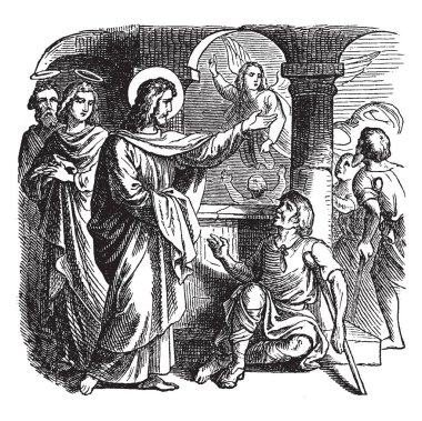 İyileşmiş cüzzamlı onun iyilik için İsa'ya onun haraç öder ve bazı insanların ayakta arka, vintage çizgi çizme veya oyma illüstrasyon.