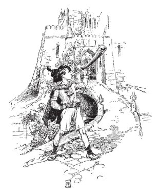 Bir çocuk bir boynuz bir kale, vintage çizgi çizme veya oyma illüstrasyon dışında darbeler bu sahneyi bir boynuz üfleme çocuk gösterir