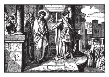 Pilate İsa yüksek balkonda getirdim. Bazı insanlar aşağıda durdu ve bağırıyordu. Jesus.Jesus'ın El ip, vintage çizgi çizme veya oyma illüstrasyon tarafından kapsanan yanında asker ve erkekler durdu.